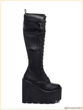 Faux Leather Platform Knee-High Boots Stash Pocket Combat
